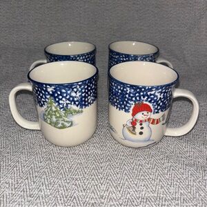 Thomson Pottery Snowman vintage coffee mugs winter Christmas trees - set of 4